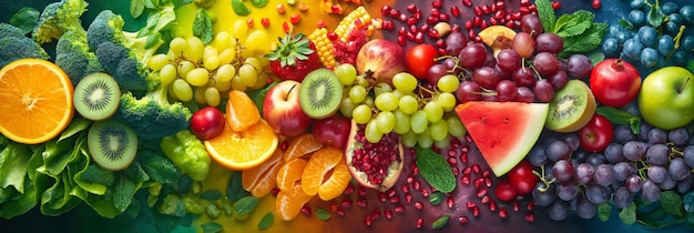 Colorful Fruits and Vegetables Rainbow Gradient Background Closeup Shot Intricate Details