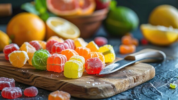 Photo colorful fruitshaped gummy candies on wooden board with fresh fruits in background