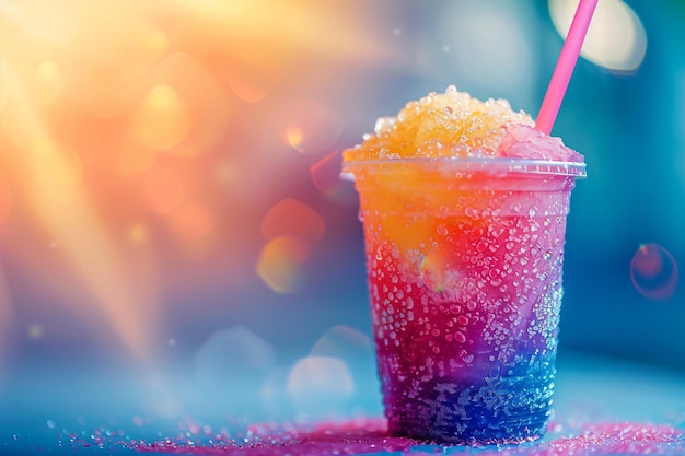 Photo colorful fruity slushie drink in plastic cup summer tropical frozen juice cocktail slush