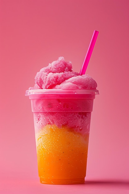 Colorful fruity slushie drink in plastic cup Summer tropical frozen juice cocktail Slush