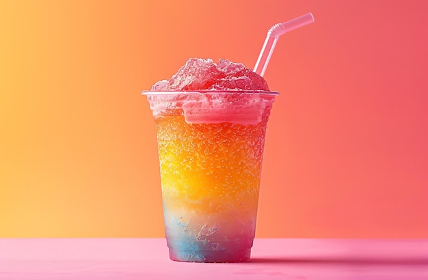 Colorful fruity slushie drink in plastic cup Summer tropical frozen juice cocktail Slush