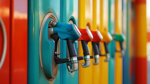 Photo colorful fuel dispensers at a gas station lined up in a row