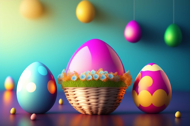 Colorful and fun easter eggs. Happy Easter Basket. Generative AI