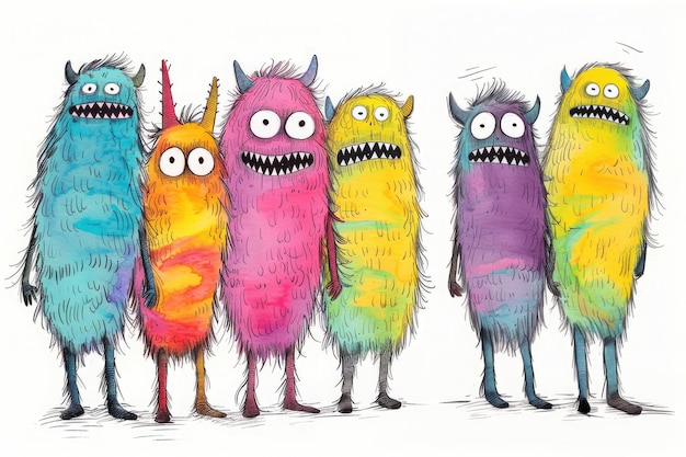 Colorful and funny monsters with fur and bright fur and horns