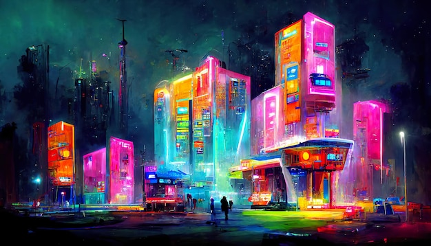 Colorful futuristic city concept art illustration