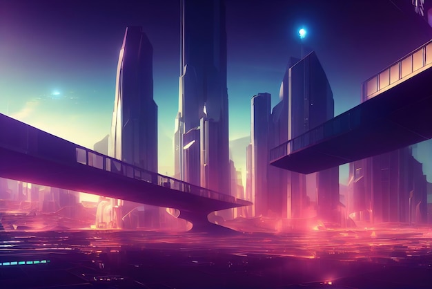 Colorful futuristic Cyberpunk metaverse city background Concept art Digital painting