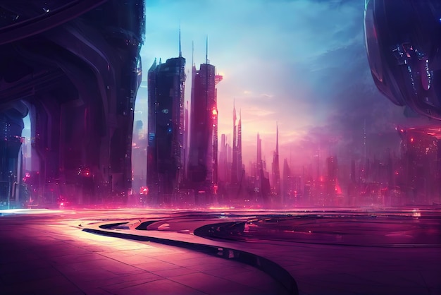 Colorful futuristic Cyberpunk metaverse city background Concept art Digital painting