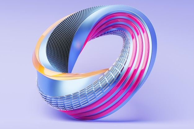 Colorful futuristic neon torus donut on purple isolated background 3D rendering