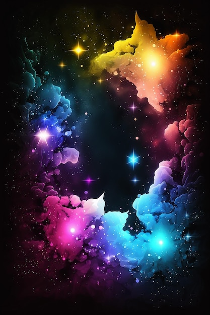 A colorful galaxy background with a black background and a rainbow and stars.