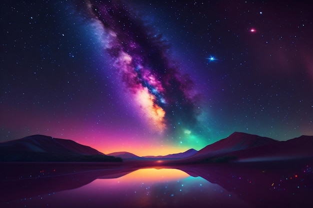 A colorful galaxy over a lake