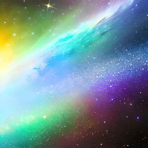 A colorful galaxy with a blue and green nebula in the center