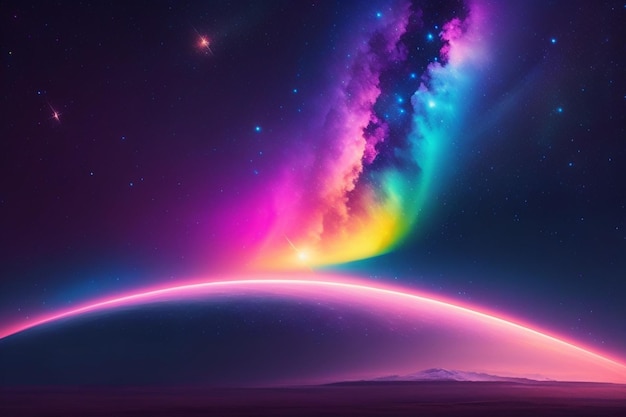 A colorful galaxy with a pink and purple background