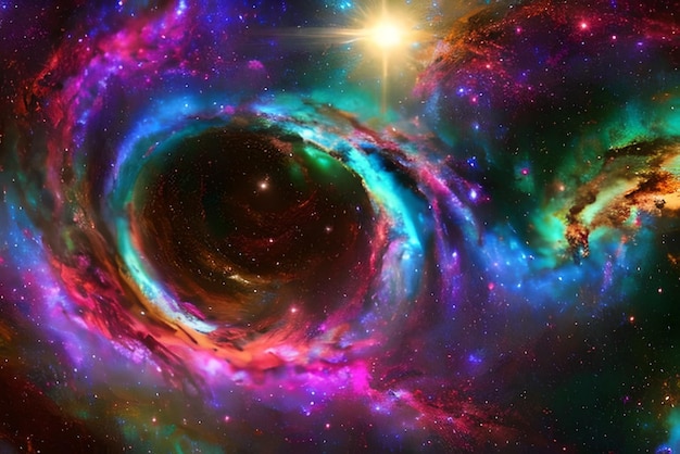 A colorful galaxy with a spiral and the word galaxy in the center.