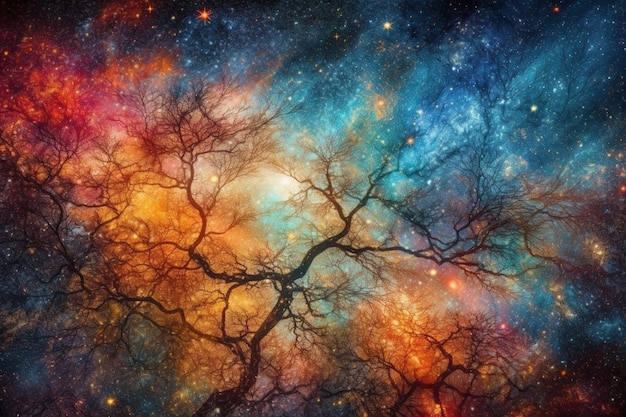 A colorful galaxy with a tree in the center