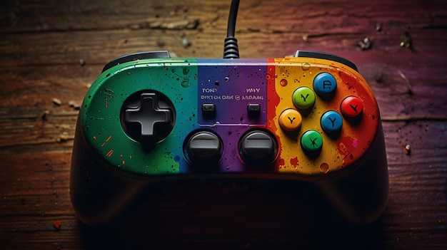 a colorful game controller with a rainbow colored button