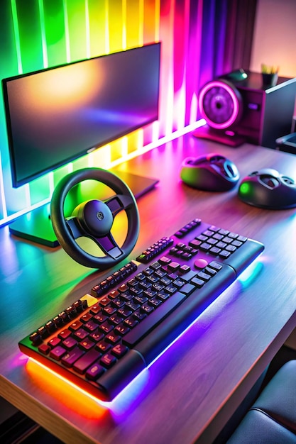 colorful gaming pc desk with bright raimbow led computer gamepad mouse keyboard and steering wheel