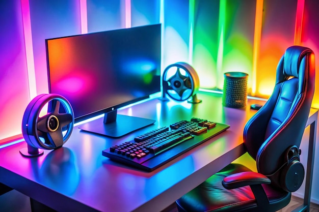 colorful gaming pc desk with bright raimbow led computer gamepad mouse keyboard and steering wheel