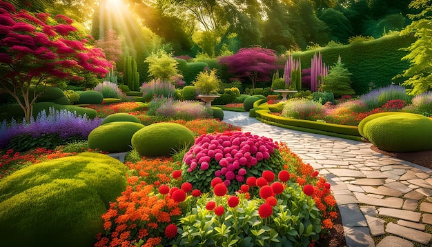 A colorful garden with blooming flowers and lush green foliage