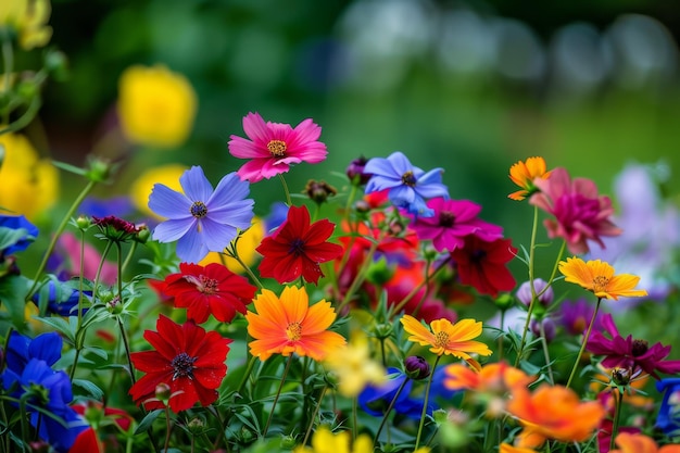 A colorful garden with cosmos flowers in various colors including reds and purples yellow blossoms and green leaves with blue petals