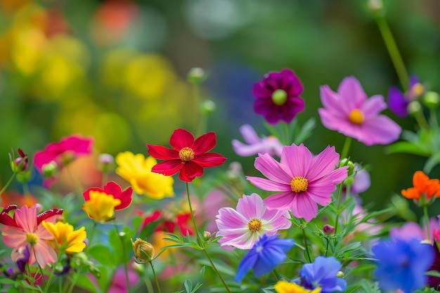 A colorful garden with cosmos flowers in various colors including reds and purples yellow blossoms and green leaves with blue petals