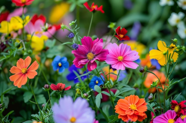 A colorful garden with cosmos flowers in various colors including reds and purples yellow blossoms and green leaves with blue petals