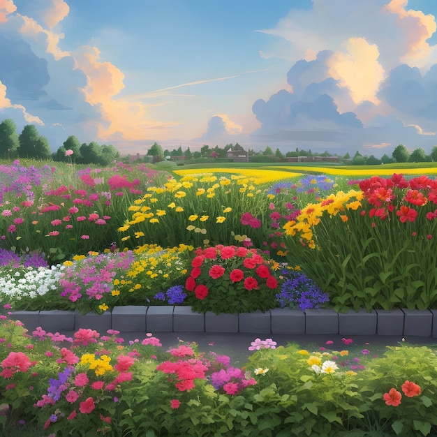 a colorful garden with flowers and a sky background