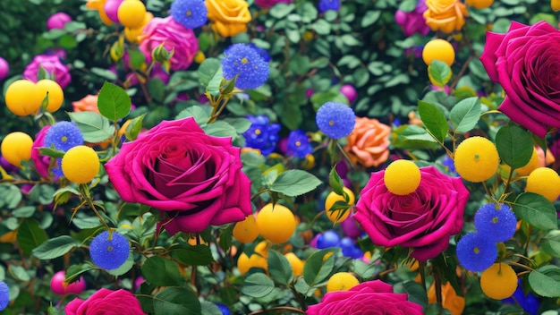 A colorful garden with flowers and a yellow ball