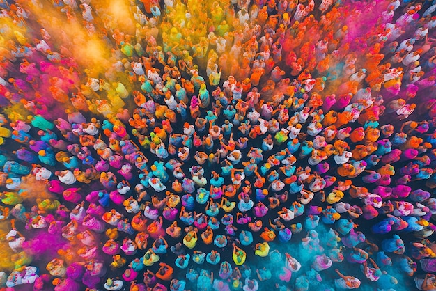 A Colorful Gathering of People Celebrating Holi in Close Proximity