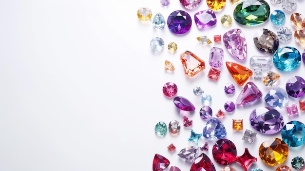 Colorful gems on white Colorful Sapphires ruby amethyst topaz emerald gemstones scattered on a white