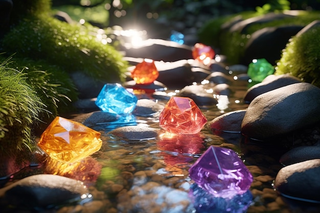 A colorful gemstones are floating near a stream