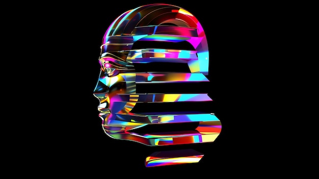 A colorful geometric 3D model of a human head in profile on a black background