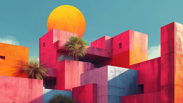 Colorful geometric architecture under a large sun