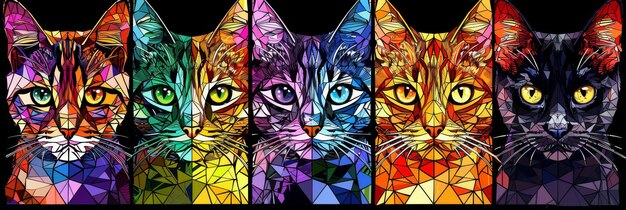 Photo colorful geometric cats on neon watercolor background playful and simple feline art