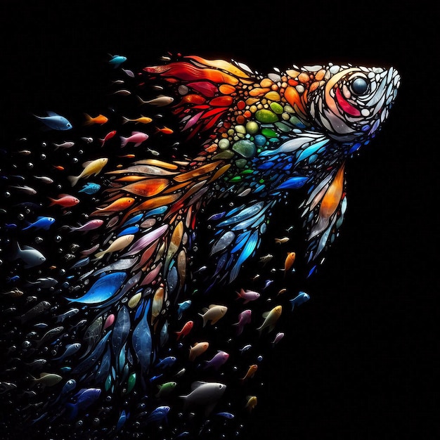 A colorful geometric illustration of a fish in a black background