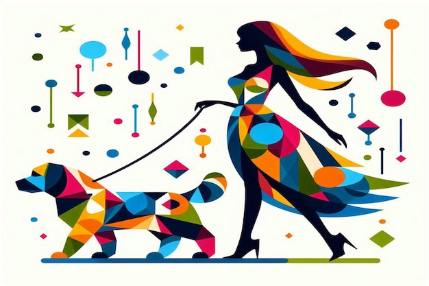 Colorful geometric illustration of a model with her Dog