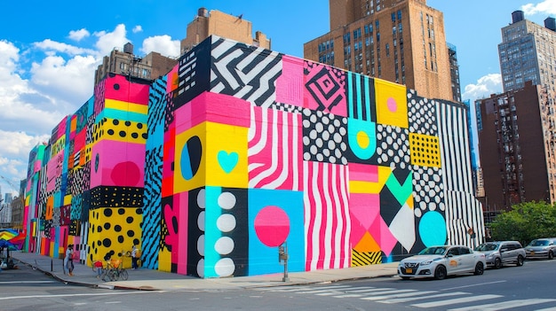 Colorful Geometric Mural on Brick Building in City