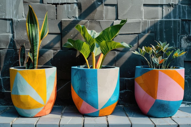 Photo colorful geometric planters painted concrete pots for home decoration