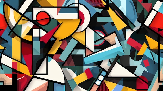 Colorful geometric shapes and lines create a sense of movement and energy in this abstract painting