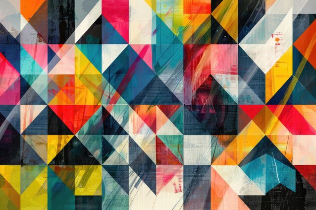 Colorful geometric shapes and triangles with a rough grunge texture