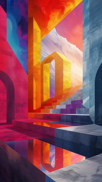 Colorful geometric shapes with mountain and reflection