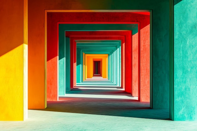 Colorful and geometrically interesting hallway with door at the end