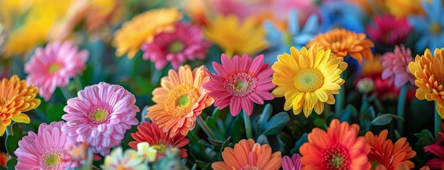 Colorful Gerbera Daisies and Blue Flowers in a Floral Arrangement