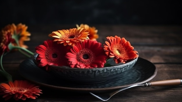 Colorful gerbera flowers on a black plate with cutlerygenerative ai