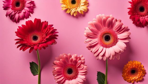 Colorful gerberas on pink background