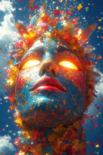 Photo colorful giant face sculpture with glowing eyes surrounded by bright flowers and leaves