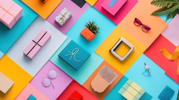 Photo colorful gift boxes and accessories on a geometric background