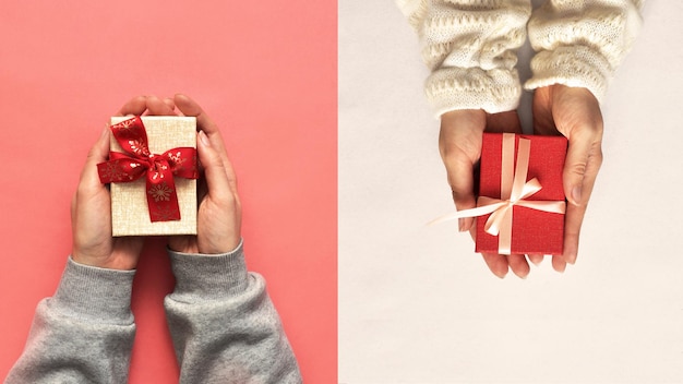 Colorful gift boxes for the holiday in the hands of people. Surprises for the new year.