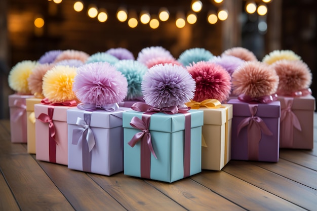 colorful gift boxes and pom poms on a wooden floor