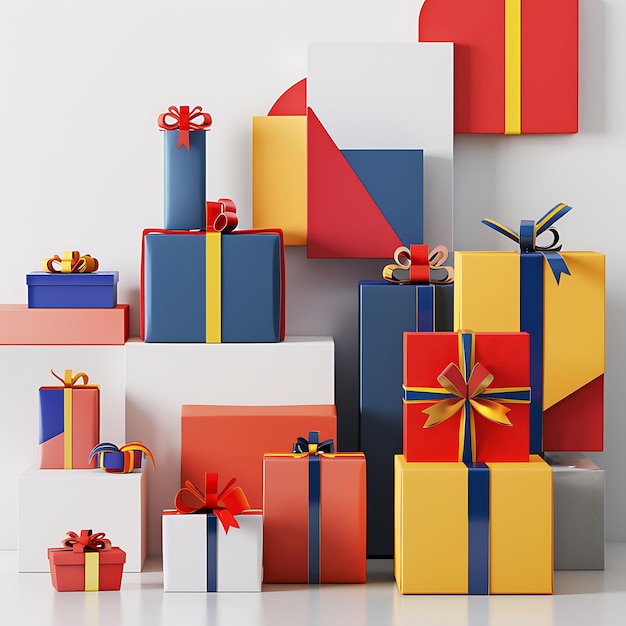 Colorful Gift Boxes with Red Yellow and Blue Ribbons on a White Background