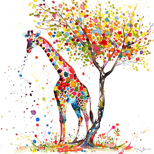 Photo colorful giraffe and tree in watercolor splatter art